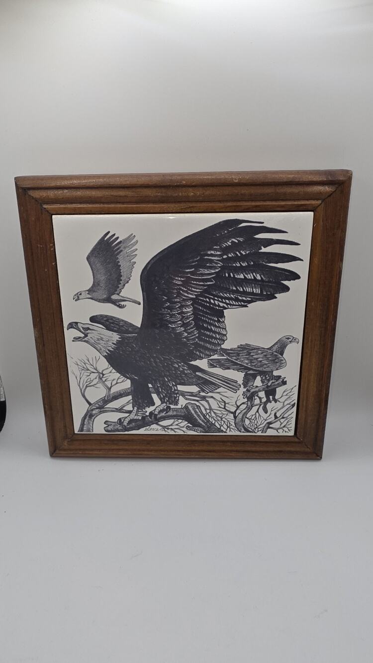Vintage Seace Porcelain Bald Eagle Tile Framed Wildlife Art USA 1970s 80s